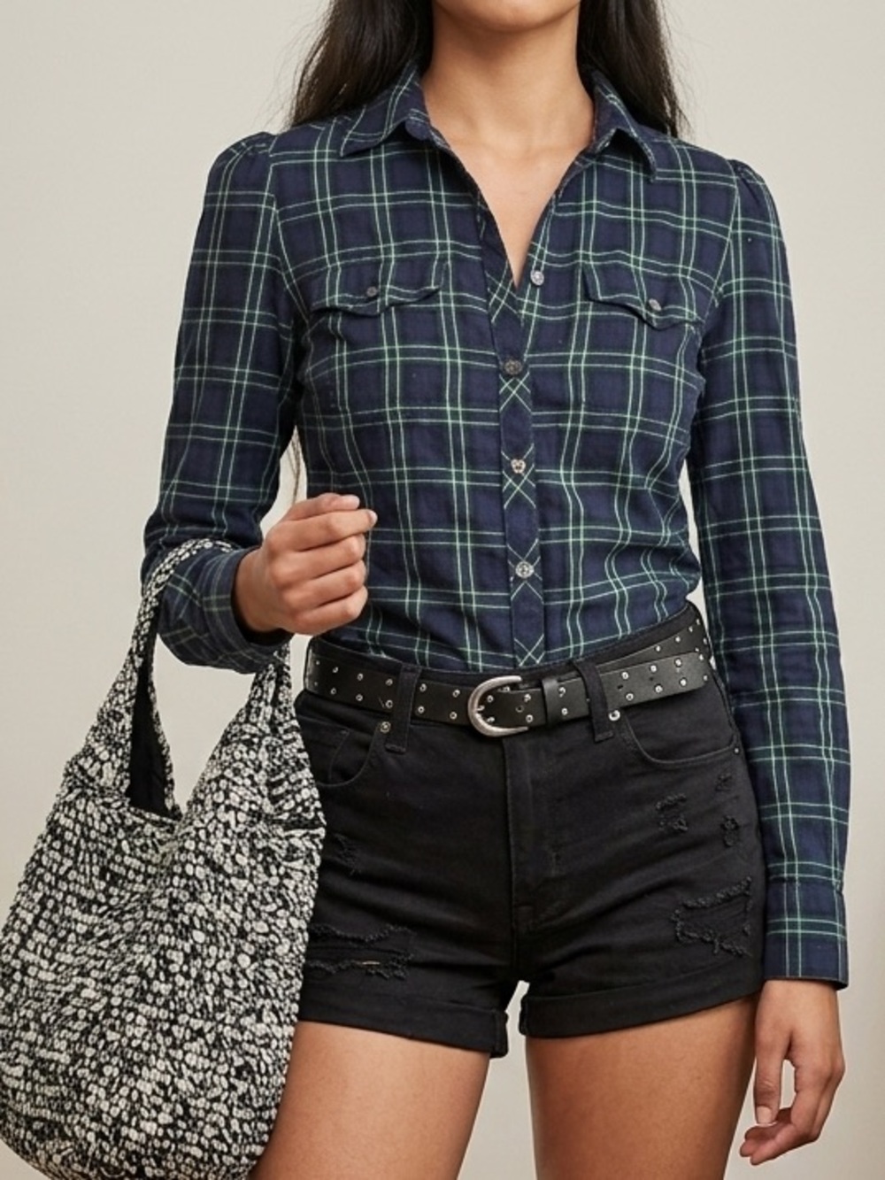 Banana Republic 90s Vine Plaid shirt with Puff sleeve